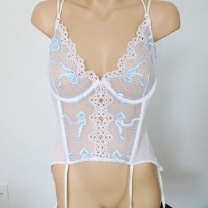 Fredericks of Hollywood Bustier Size 38 Garter Straps White Blue Ribbons B49